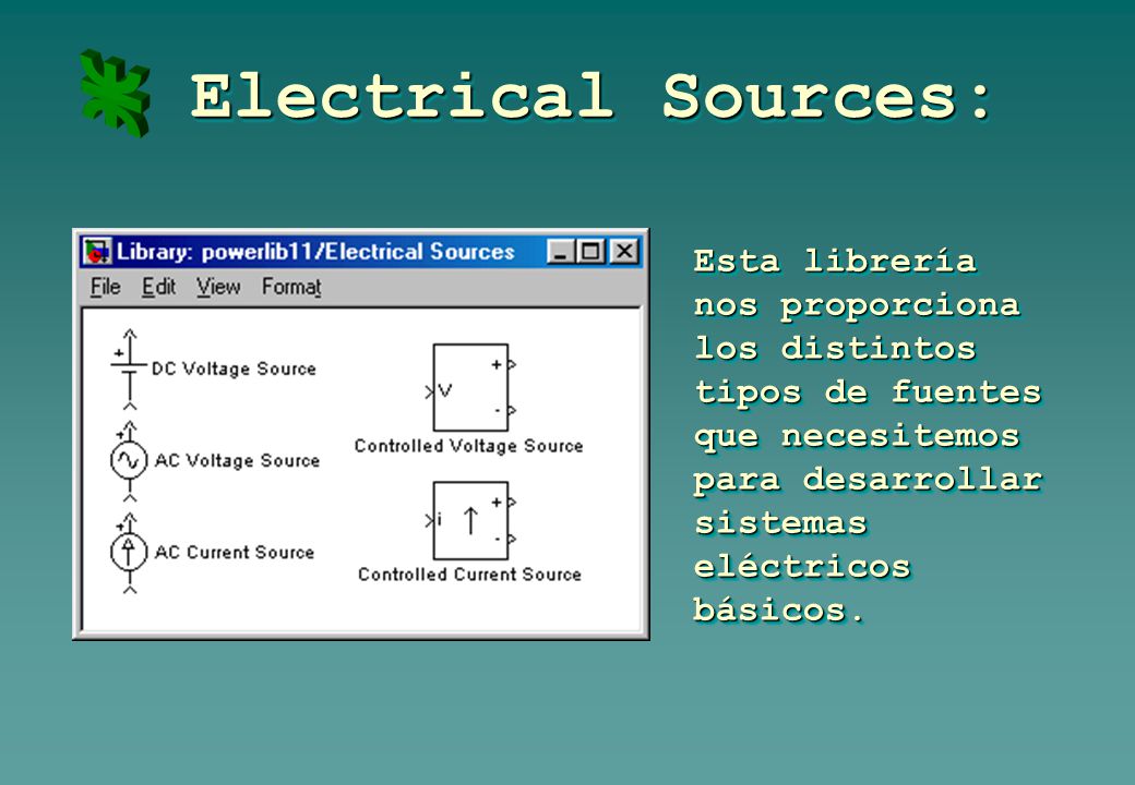 Electrical Sources: Esta librería nos proporciona los distintos tipos de fuentes que necesitemos para desarrollar sistemas eléctricos básicos.