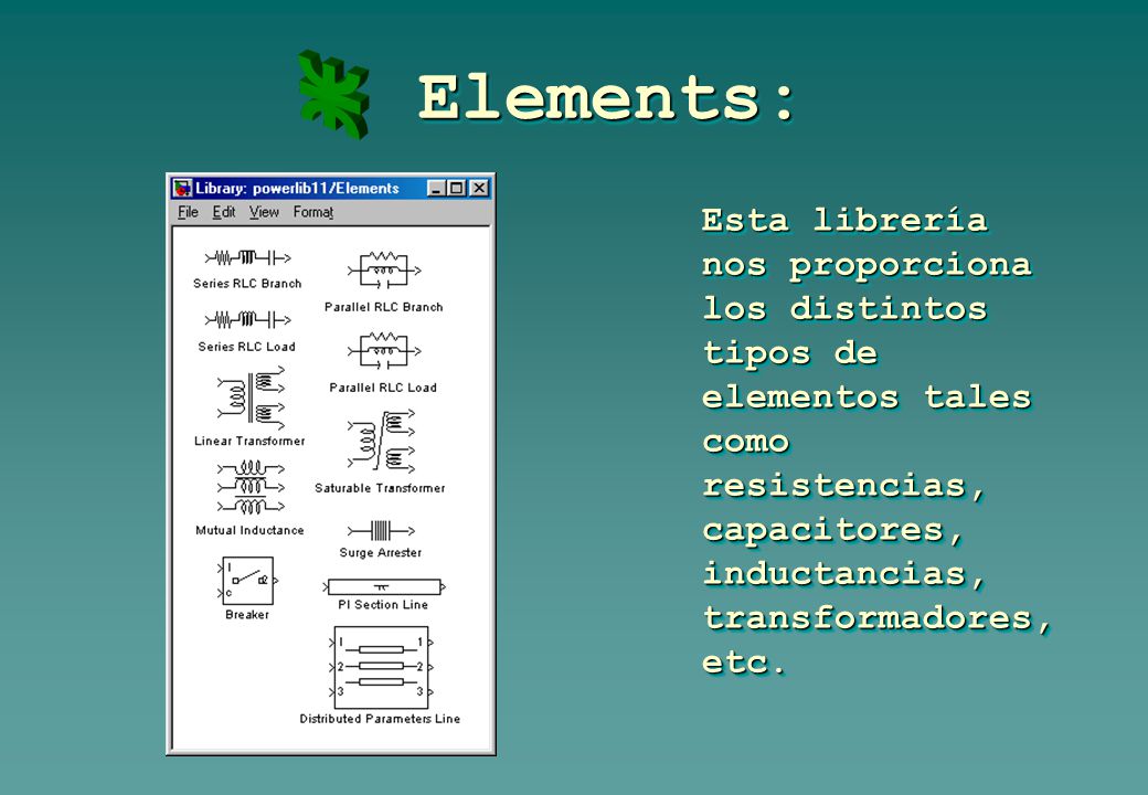 Elements: Esta librería nos proporciona los distintos tipos de elementos tales como resistencias, capacitores, inductancias, transformadores, etc.