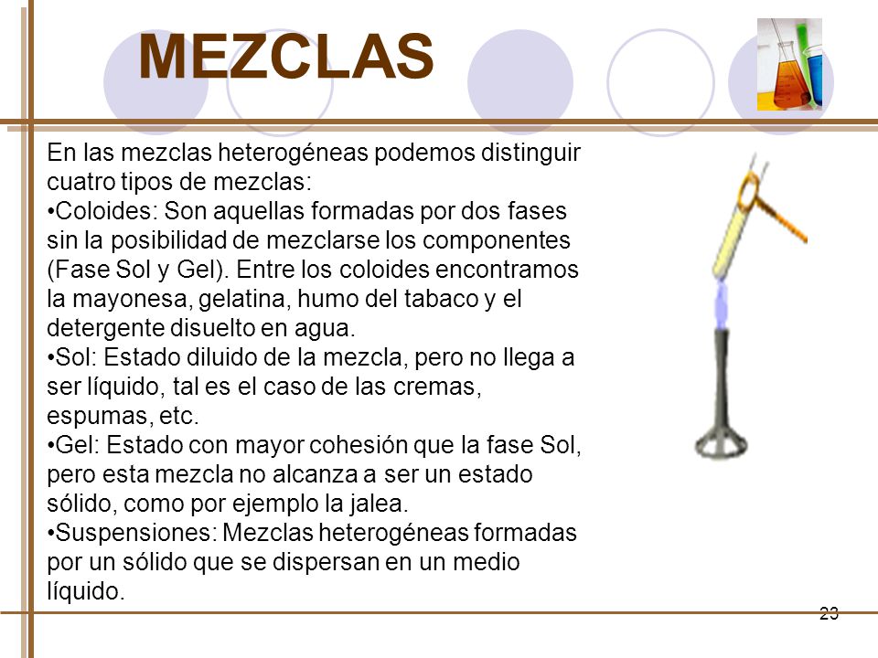 MEZCLAS En las mezclas heterogéneas podemos distinguir cuatro tipos de mezclas: