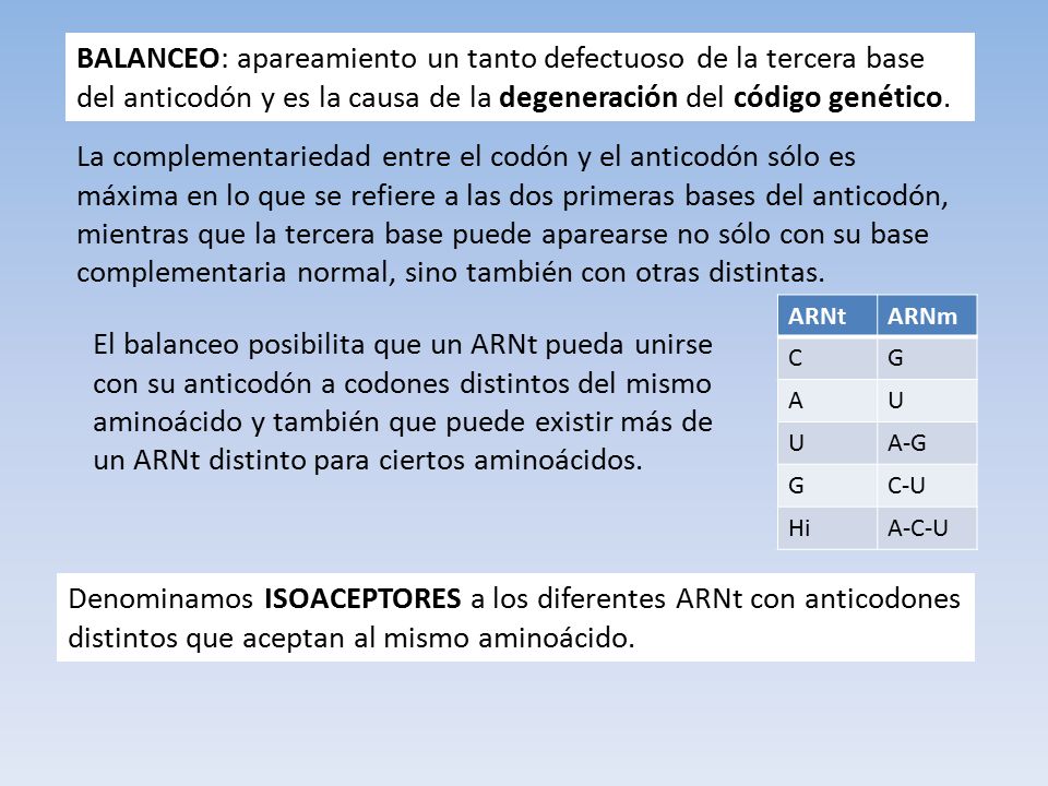 BALANCEO: apareamiento un tanto defectuoso de la tercera base del anticodón y es la causa de la degeneración del código genético.