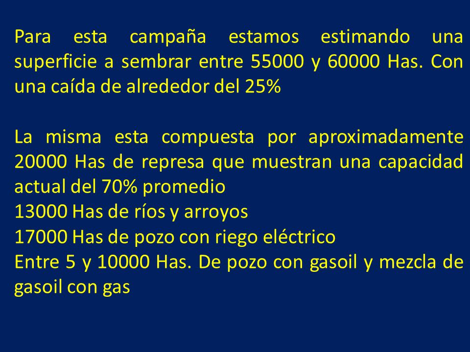 Para esta campaña estamos estimando una superficie a sembrar entre y Has. Con una caída de alrededor del 25%