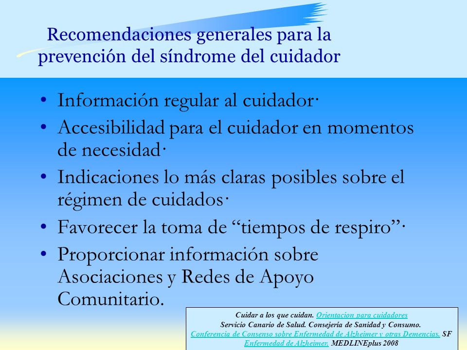 Recomendaciones generales para la prevención del síndrome del cuidador
