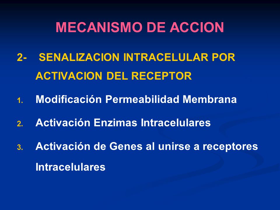 MECANISMO DE ACCION 2- SENALIZACION INTRACELULAR POR ACTIVACION DEL RECEPTOR. Modificación Permeabilidad Membrana.