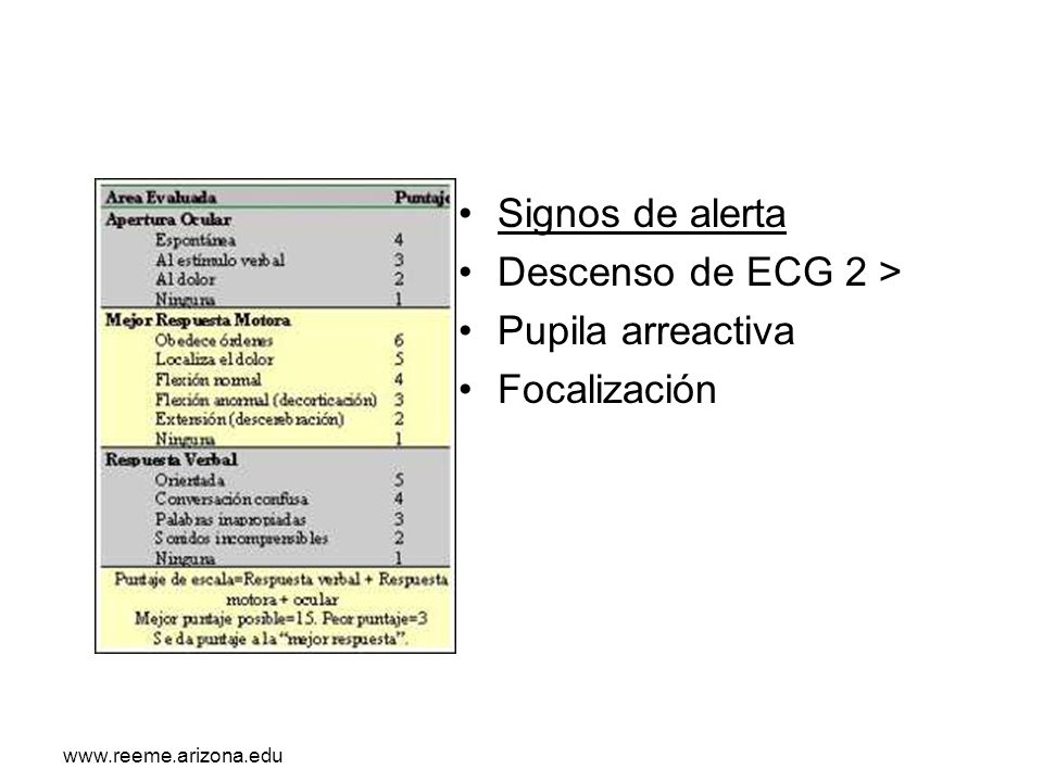 Signos de alerta Descenso de ECG 2 > Pupila arreactiva Focalización