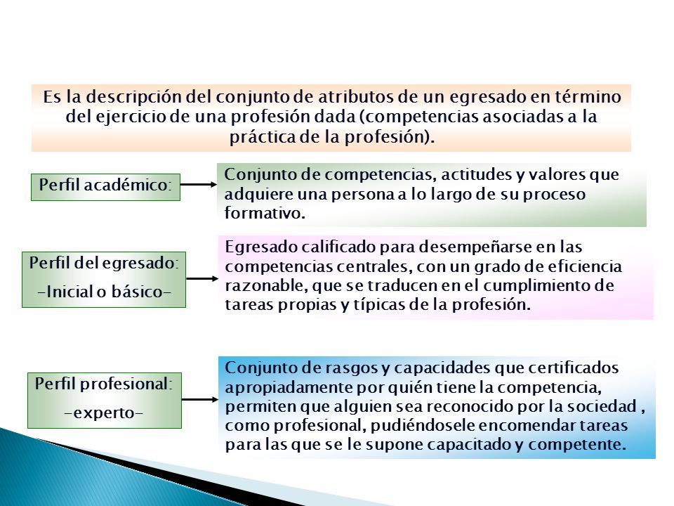 Es la descripción del conjunto de atributos de un egresado en término del ejercicio de una profesión dada (competencias asociadas a la práctica de la profesión).