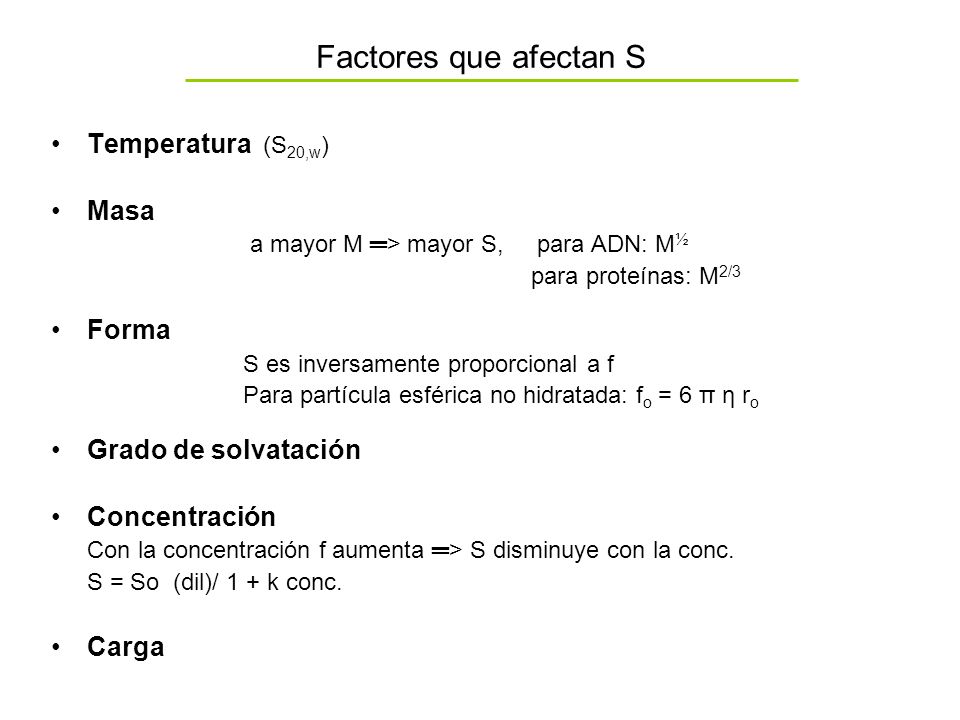 Factores que afectan S Temperatura (S20,w) Masa Forma