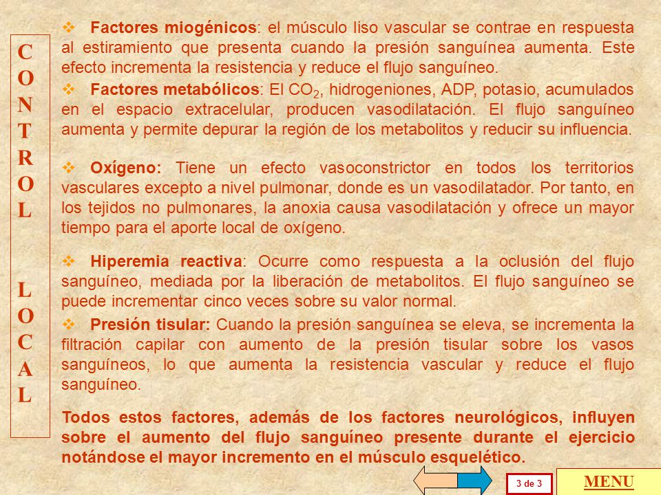Factores miogénicos: el músculo liso vascular se contrae en respuesta al estiramiento que presenta cuando la presión sanguínea aumenta. Este efecto incrementa la resistencia y reduce el flujo sanguíneo.