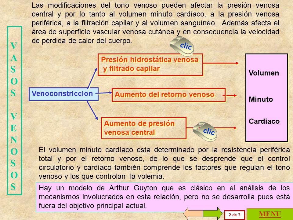 Las modificaciones del tono venoso pueden afectar la presión venosa central y por lo tanto al volumen minuto cardíaco, a la presión venosa periférica, a la filtración capilar y al volumen sanguíneo. .Además afecta el área de superficie vascular venosa cutánea y en consecuencia la velocidad de pérdida de calor del cuerpo.