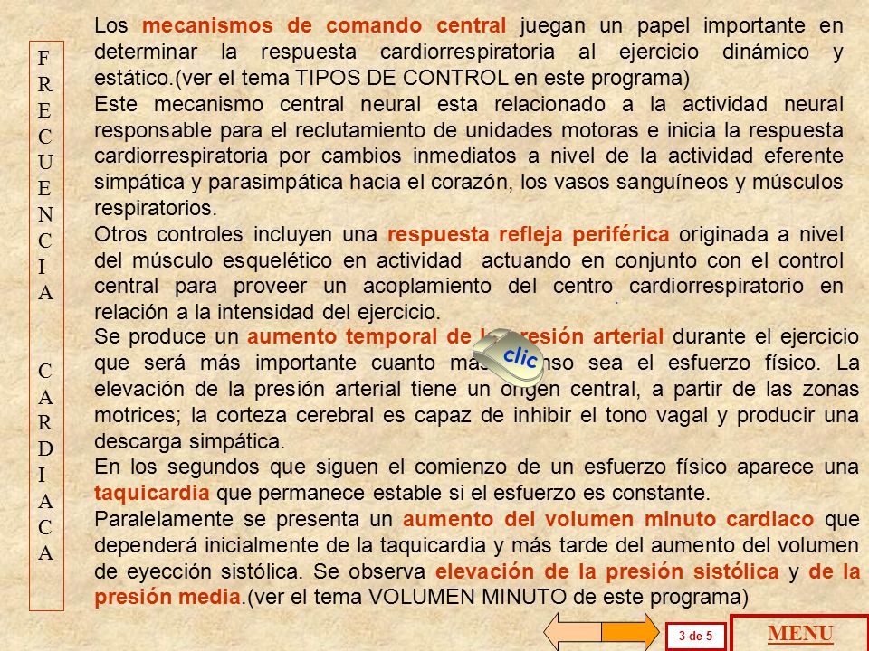 Los mecanismos de comando central juegan un papel importante en determinar la respuesta cardiorrespiratoria al ejercicio dinámico y estático.(ver el tema TIPOS DE CONTROL en este programa)