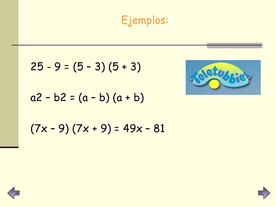 Ejemplos: = (5 – 3) (5 + 3) a2 – b2 = (a – b) (a + b) (7x – 9) (7x + 9) = 49x – 81