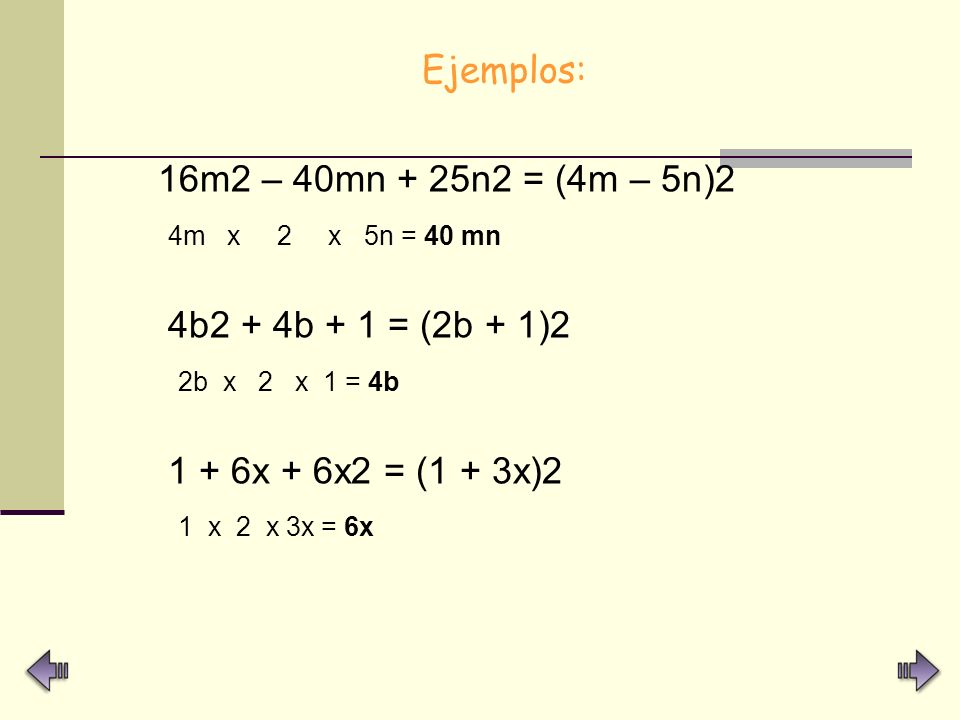 Ejemplos: 16m2 – 40mn + 25n2 = (4m – 5n)2. 4m x 2 x 5n = 40 mn. 4b2 + 4b + 1 = (2b + 1)2.