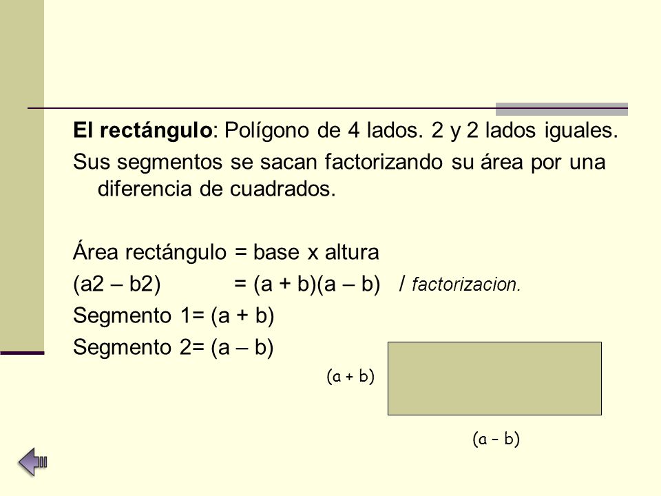El rectángulo: Polígono de 4 lados. 2 y 2 lados iguales.