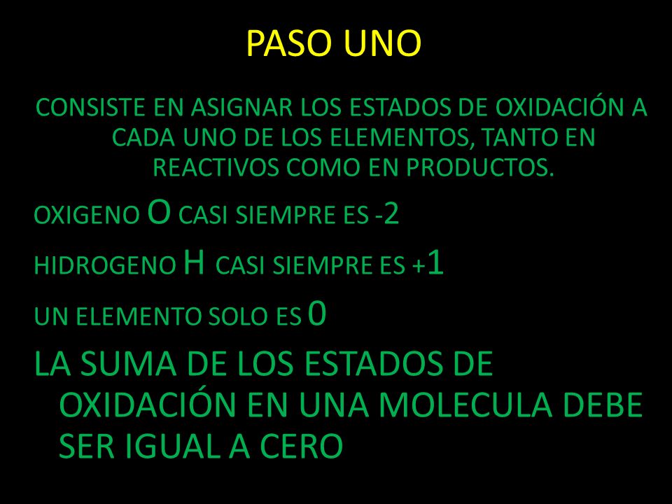 PASO UNO CONSISTE EN ASIGNAR LOS ESTADOS DE OXIDACIÓN A CADA UNO DE LOS ELEMENTOS, TANTO EN REACTIVOS COMO EN PRODUCTOS.