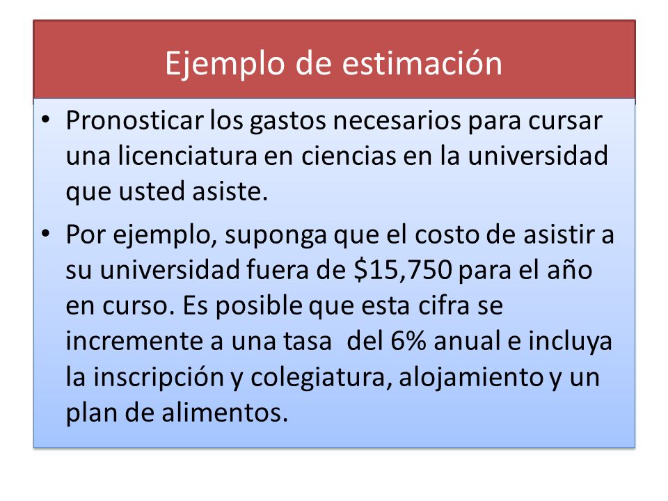 Ejemplo de estimación Pronosticar los gastos necesarios para cursar una licenciatura en ciencias en la universidad que usted asiste.