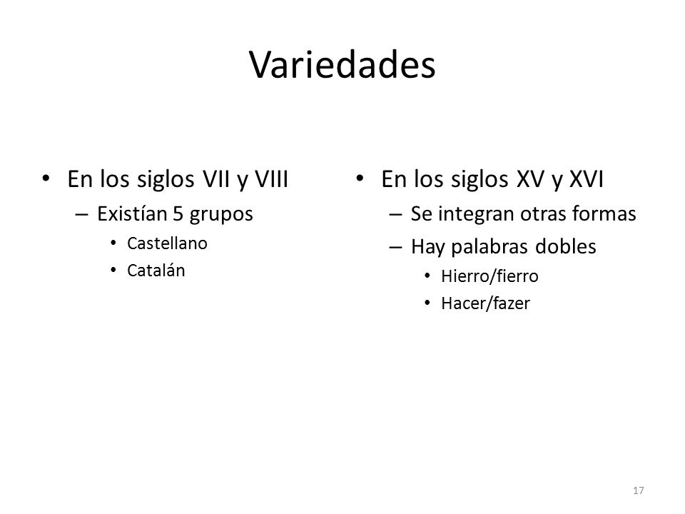 Variedades En los siglos VII y VIII En los siglos XV y XVI
