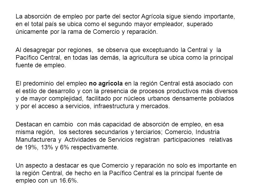 La absorción de empleo por parte del sector Agrícola sigue siendo importante, en el total país se ubica como el segundo mayor empleador, superado únicamente por la rama de Comercio y reparación.