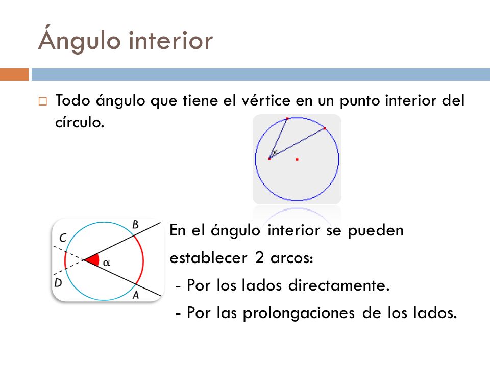 Ángulo interior En el ángulo interior se pueden establecer 2 arcos: