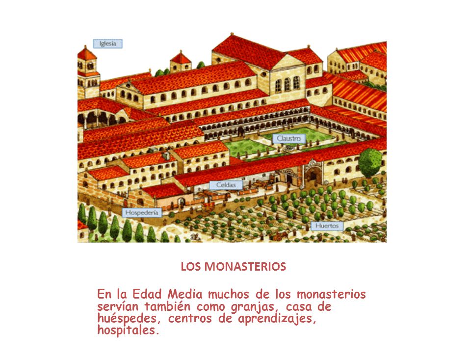 LOS MONASTERIOS En la Edad Media muchos de los monasterios servían también como granjas, casa de huéspedes, centros de aprendizajes, hospitales.