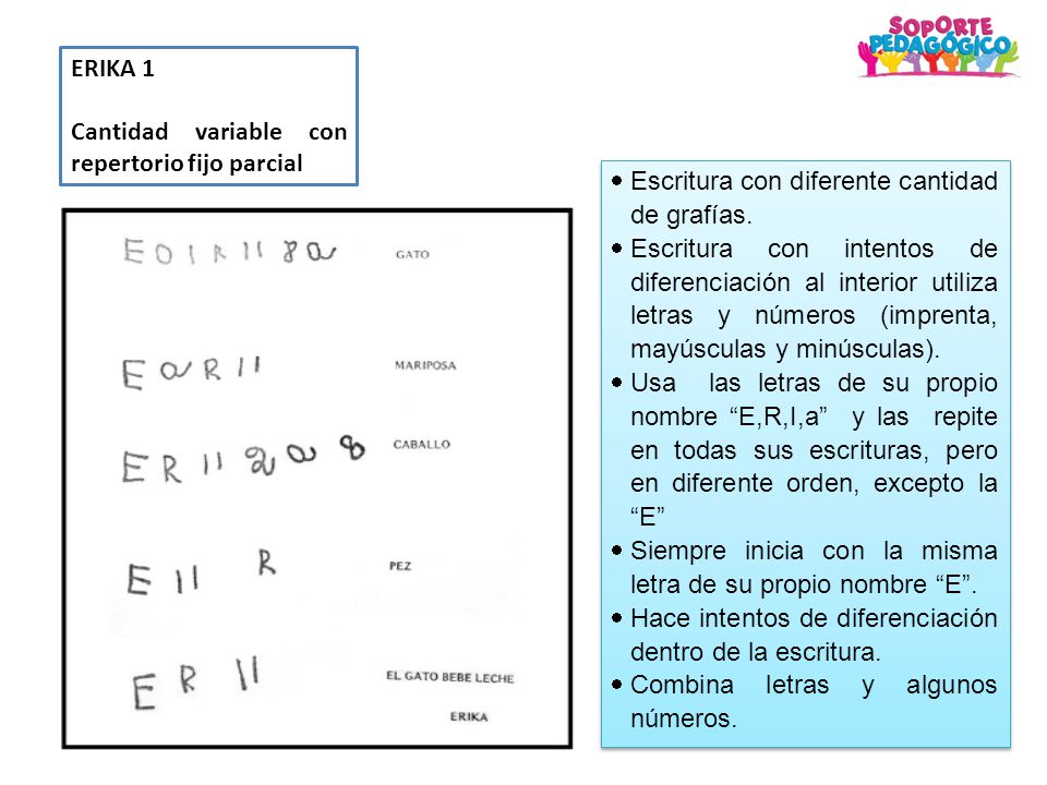ERIKA 1 Cantidad variable con repertorio fijo parcial. Escritura con diferente cantidad de grafías.