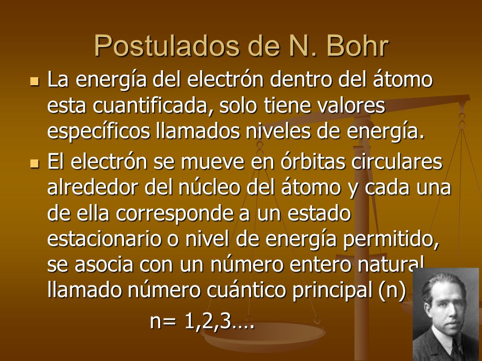 Postulados de N. Bohr La energía del electrón dentro del átomo esta cuantificada, solo tiene valores específicos llamados niveles de energía.