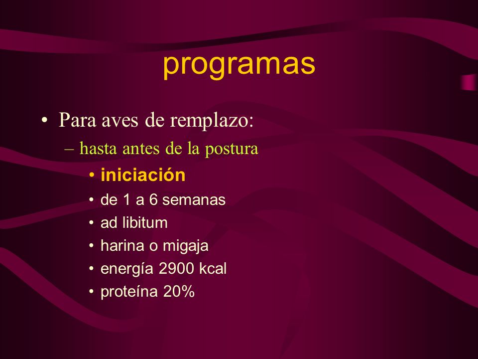 programas Para aves de remplazo: hasta antes de la postura iniciación