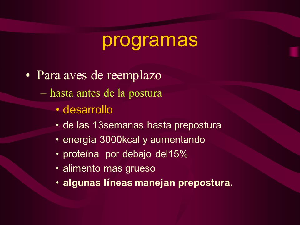 programas Para aves de reemplazo hasta antes de la postura desarrollo