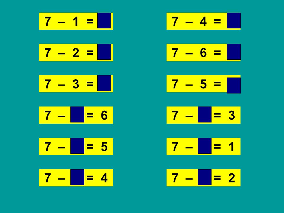 7 – 1 = 6 7 – 4 = 3. 7 – 2 = 5. 7 – 6 = 1. 7 – 3 = 4. 7 – 5 = 2. 7 – 1 = 6.