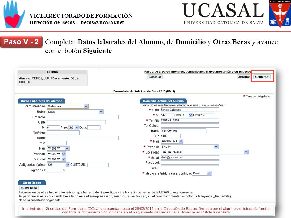 Paso V - 2 Completar Datos laborales del Alumno, de Domicilio y Otras Becas y avance con el botón Siguiente.
