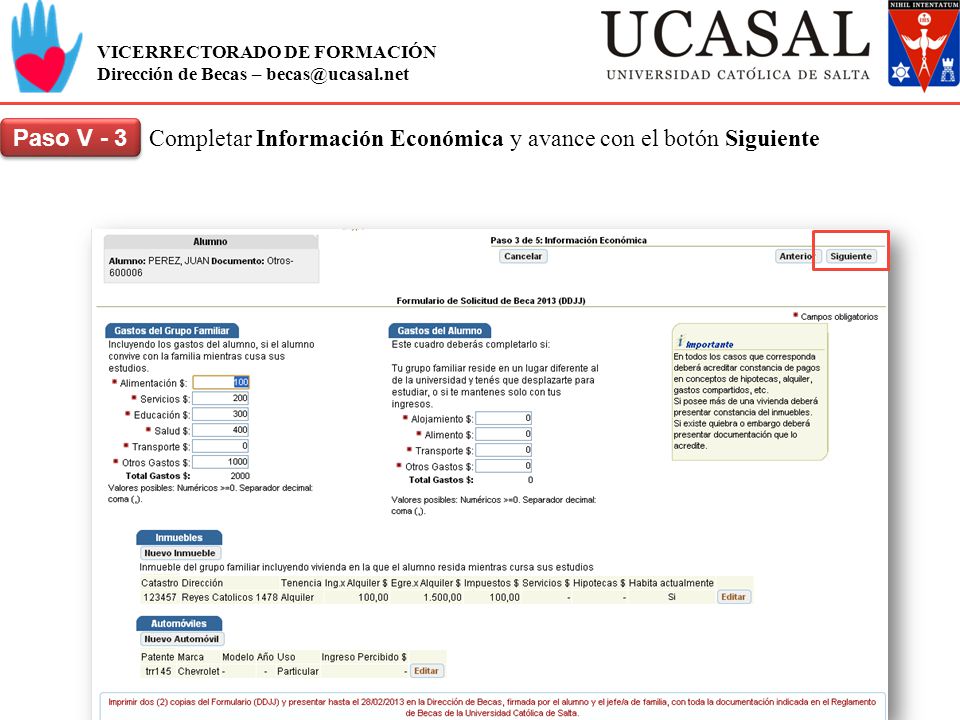 Paso V - 3 Completar Información Económica y avance con el botón Siguiente