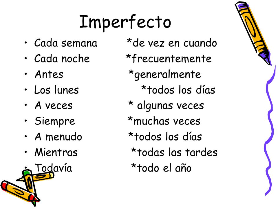 Imperfecto Cada semana *de vez en cuando Cada noche *frecuentemente