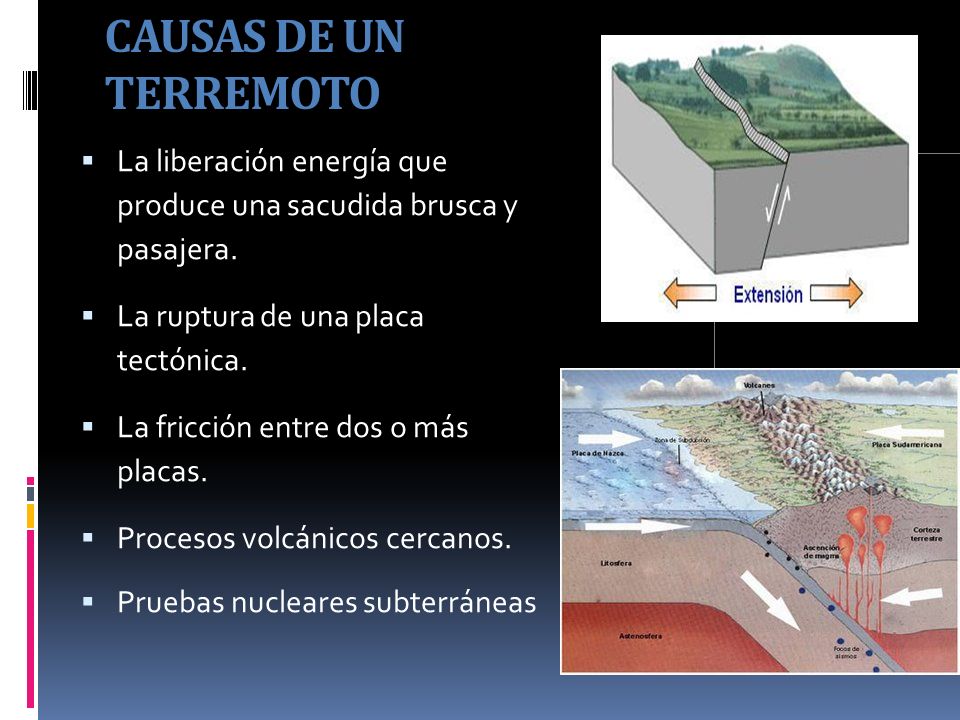 CAUSAS DE UN TERREMOTO La liberación energía que produce una sacudida brusca y pasajera. La ruptura de una placa tectónica.
