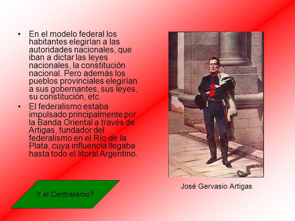 En el modelo federal los habitantes elegirían a las autoridades nacionales, que iban a dictar las leyes nacionales, la constitución nacional. Pero además los pueblos provinciales elegirían a sus gobernantes, sus leyes, su constitución, etc.