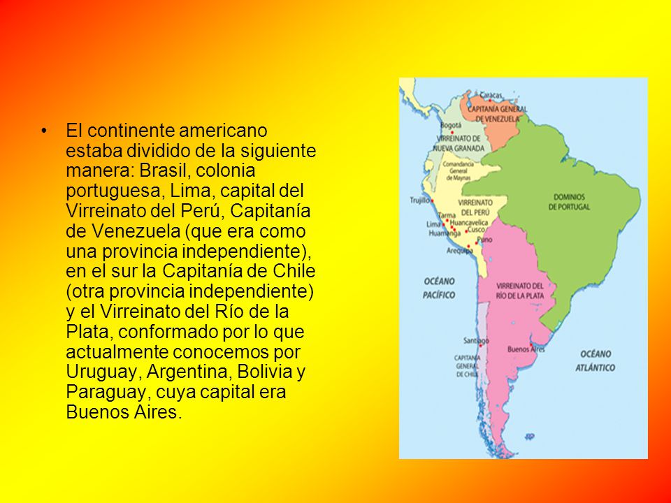 El continente americano estaba dividido de la siguiente manera: Brasil, colonia portuguesa, Lima, capital del Virreinato del Perú, Capitanía de Venezuela (que era como una provincia independiente), en el sur la Capitanía de Chile (otra provincia independiente) y el Virreinato del Río de la Plata, conformado por lo que actualmente conocemos por Uruguay, Argentina, Bolivia y Paraguay, cuya capital era Buenos Aires.