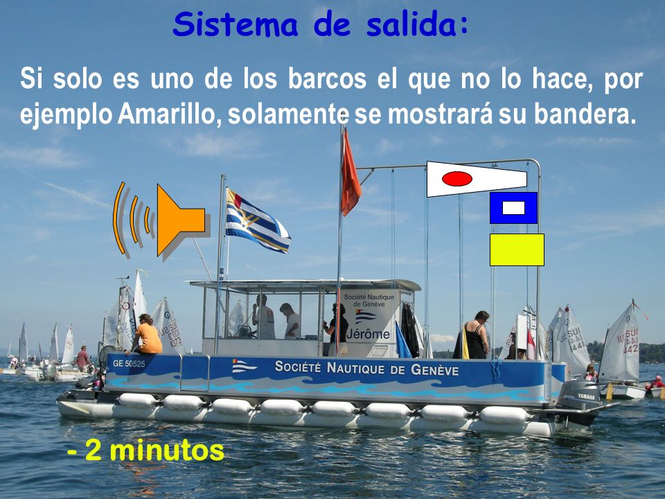 Sistema de salida: Si solo es uno de los barcos el que no lo hace, por ejemplo Amarillo, solamente se mostrará su bandera.