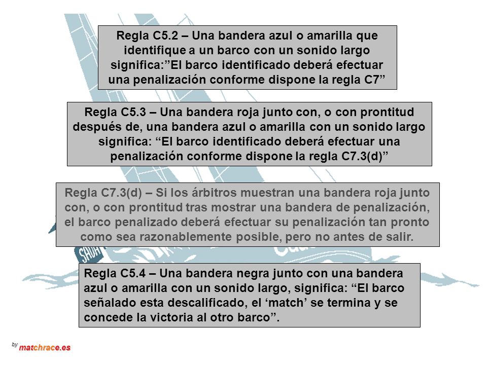 Regla C5.2 – Una bandera azul o amarilla que identifique a un barco con un sonido largo significa: El barco identificado deberá efectuar una penalización conforme dispone la regla C7
