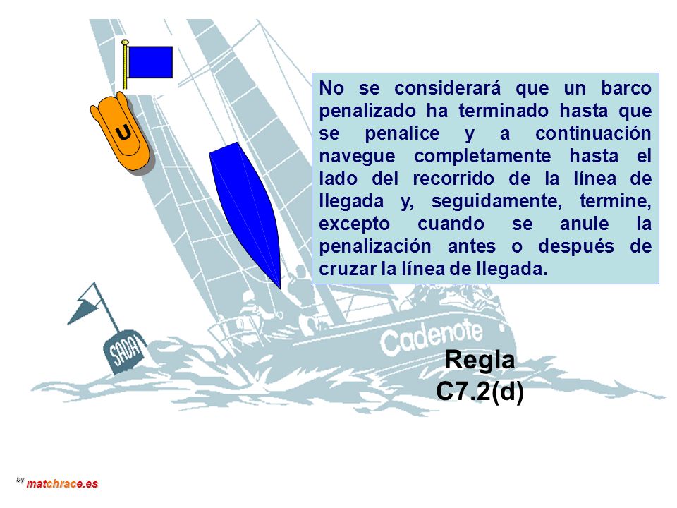 No se considerará que un barco penalizado ha terminado hasta que se penalice y a continuación navegue completamente hasta el lado del recorrido de la línea de llegada y, seguidamente, termine, excepto cuando se anule la penalización antes o después de cruzar la línea de llegada.