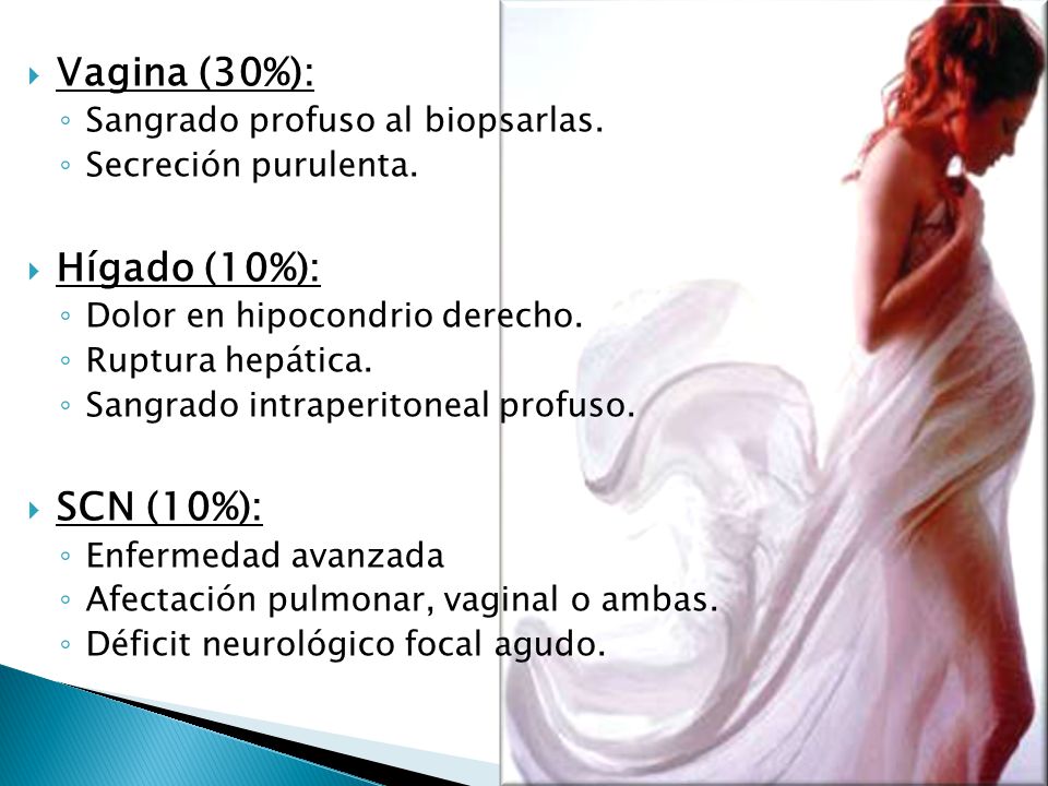 Vagina (30%): Hígado (10%): SCN (10%): Sangrado profuso al biopsarlas.