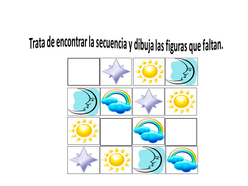 Trata de encontrar la secuencia y dibuja las figuras que faltan.