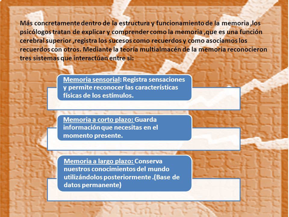 Más concretamente dentro de la estructura y funcionamiento de la memoria ,los psicólogos tratan de explicar y comprender como la memoria ,que es una función cerebral superior ,registra los sucesos como recuerdos y como asociamos los recuerdos con otros. Mediante la teoría multialmacén de la memoria reconocieron tres sistemas que interactúan entre si: