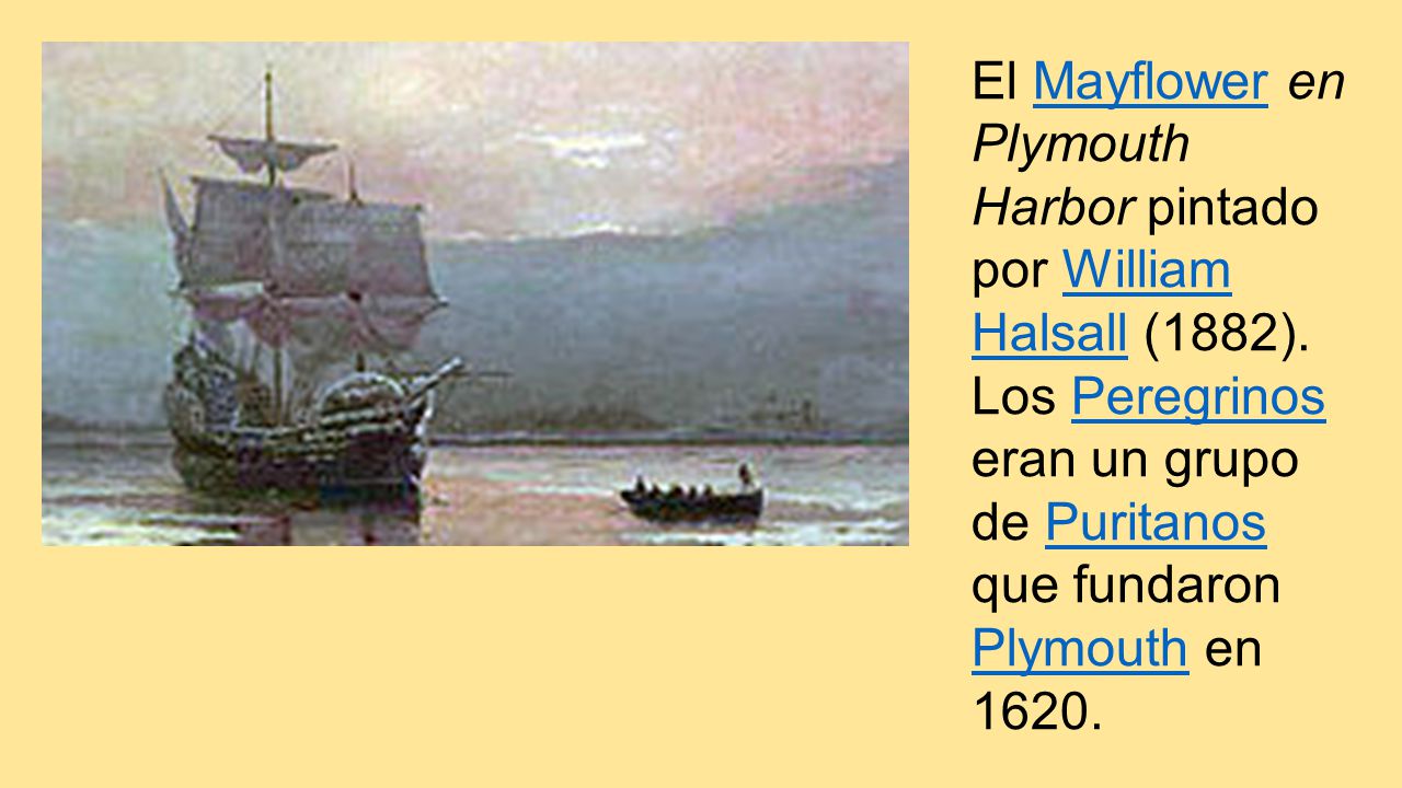 El Mayflower en Plymouth Harbor pintado por William Halsall (1882)