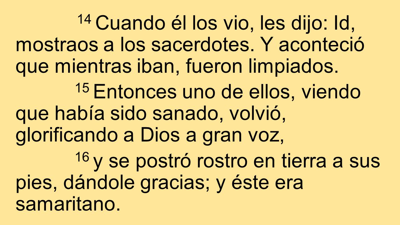 14 Cuando él los vio, les dijo: Id, mostraos a los sacerdotes