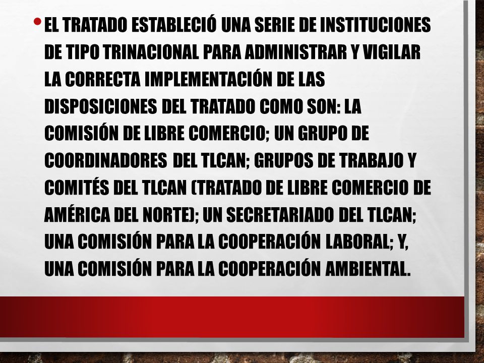 El Tratado estableció una serie de instituciones de tipo trinacional para administrar y vigilar la correcta implementación de las disposiciones del Tratado como son: La Comisión de Libre Comercio; Un Grupo de coordinadores del TLCAN; Grupos de trabajo y comités del TLCAN (Tratado de Libre Comercio de América del Norte); Un Secretariado del TLCAN; Una Comisión para la Cooperación Laboral; y, una Comisión para la Cooperación Ambiental.