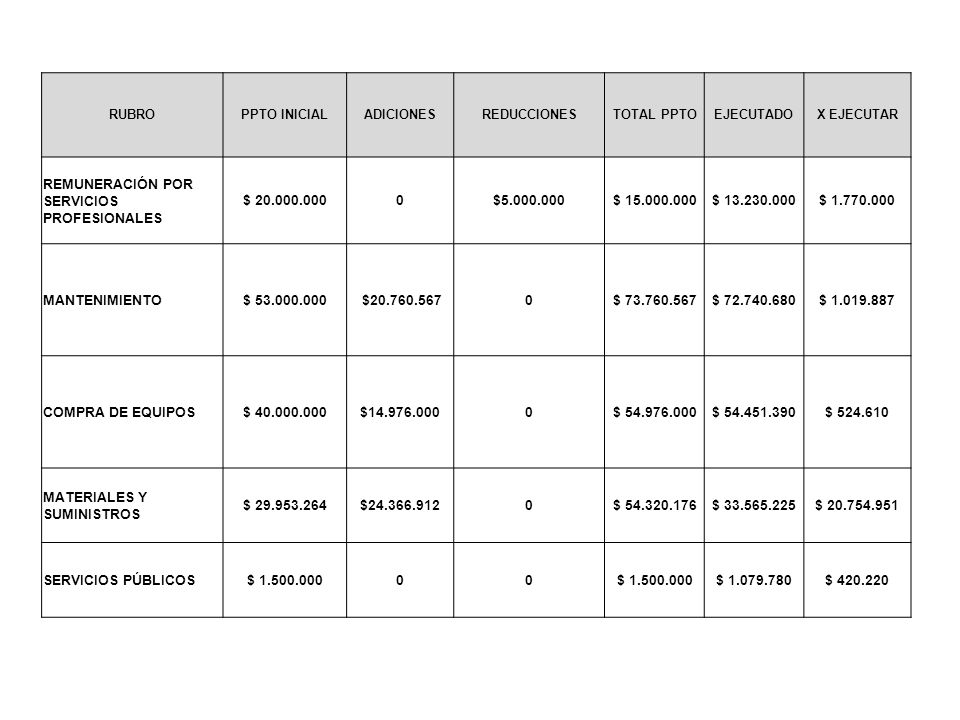 RUBRO PPTO INICIAL. ADICIONES. REDUCCIONES. TOTAL PPTO. EJECUTADO. X EJECUTAR. REMUNERACIÓN POR SERVICIOS PROFESIONALES.