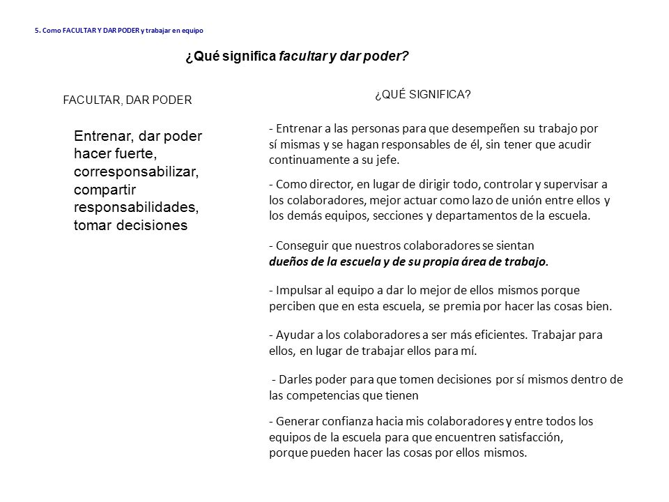 Entrenar, dar poder hacer fuerte, corresponsabilizar, compartir