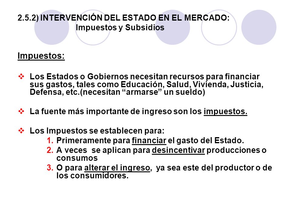 2.5.2) INTERVENCIÓN DEL ESTADO EN EL MERCADO: Impuestos y Subsidios