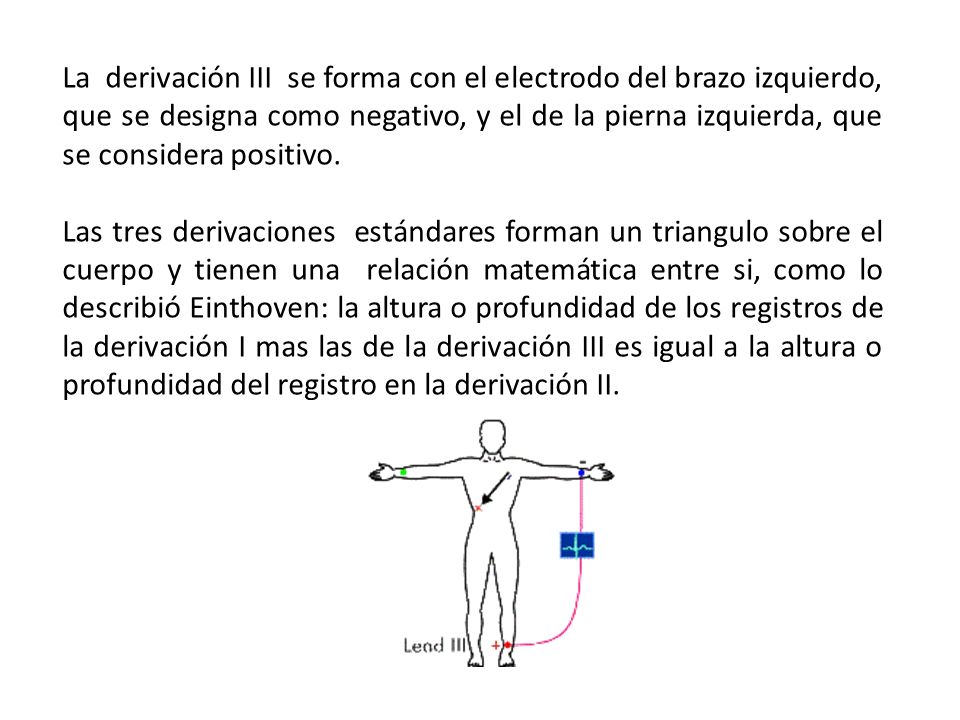 La derivación III se forma con el electrodo del brazo izquierdo, que se designa como negativo, y el de la pierna izquierda, que se considera positivo.