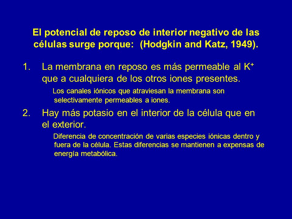 Hay más potasio en el interior de la célula que en el exterior.