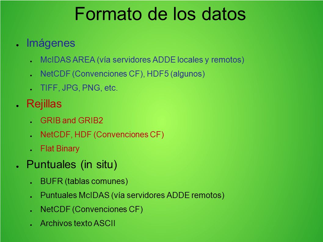 Formato de los datos Imágenes Rejillas Puntuales (in situ)