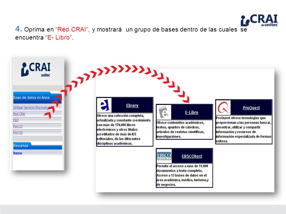 4. Oprima en Red CRAI , y mostrará un grupo de bases dentro de las cuales se encuentra E- Libro .