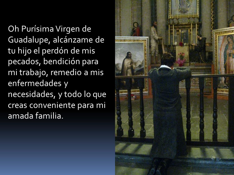 Oh Purísima Virgen de Guadalupe, alcánzame de tu hijo el perdón de mis pecados, bendición para mi trabajo, remedio a mis enfermedades y necesidades, y todo lo que creas conveniente para mi amada familia.